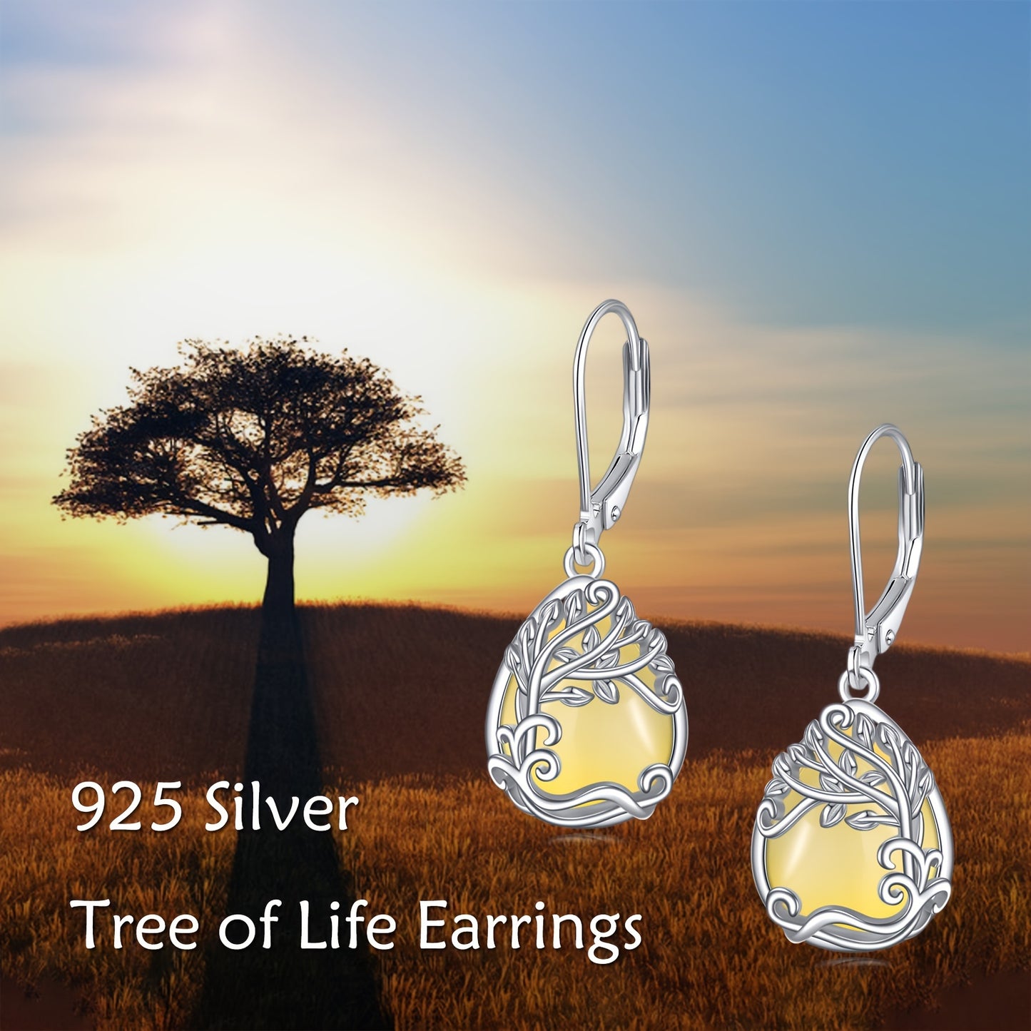 925 Sterling Silver Tree Of Life Yellow Agate Drop Dangle Teardrop Earrings Tree Of Life Leverback Earrings For Women Jewelry Gifts