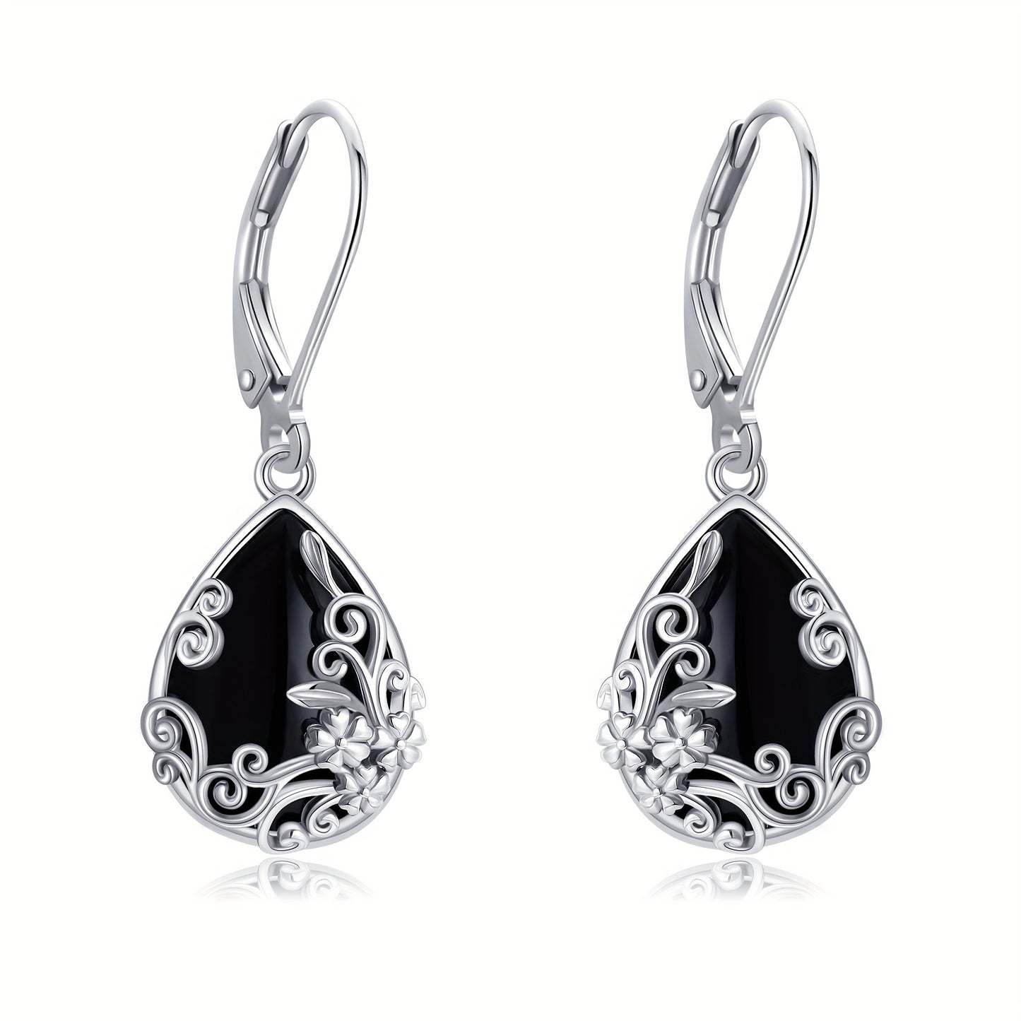 Filigree Earrings Sterling Silvery Black Onyx Dangle Drop Earrings Jewelry Gift for Women