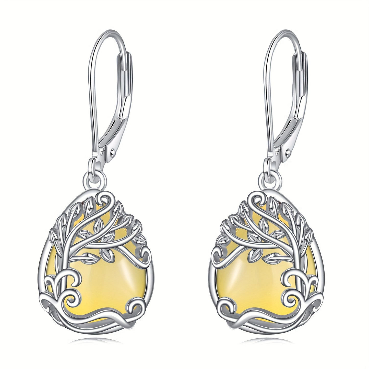 925 Sterling Silver Tree Of Life Yellow Agate Drop Dangle Teardrop Earrings Tree Of Life Leverback Earrings For Women Jewelry Gifts
