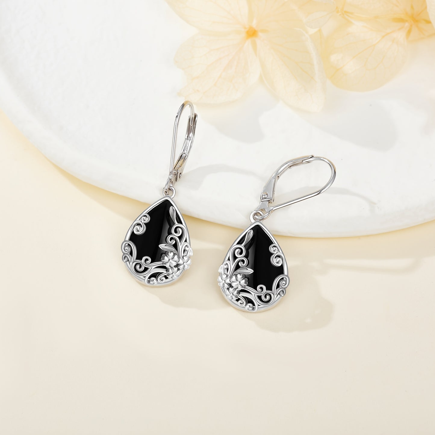 Filigree Earrings Sterling Silvery Black Onyx Dangle Drop Earrings Jewelry Gift for Women