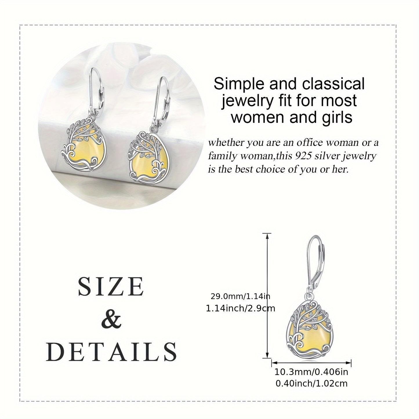 925 Sterling Silver Tree Of Life Yellow Agate Drop Dangle Teardrop Earrings Tree Of Life Leverback Earrings For Women Jewelry Gifts
