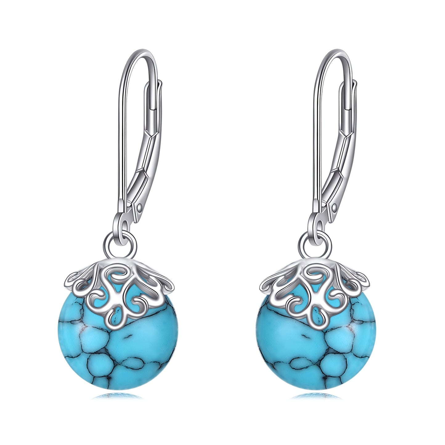 Synthetic Turquoise Filigree Earrings 925 Sterling Silver Dangle Leverback Earrings for Women Birthday Gifts Hypoallergenic