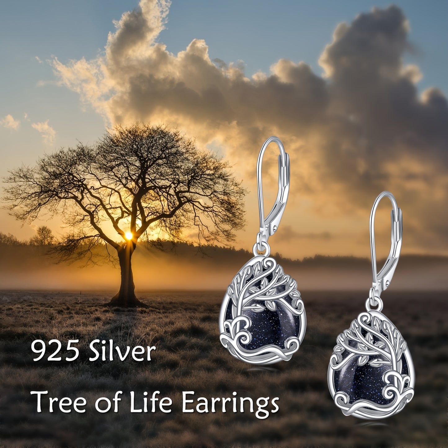 Tree Of Life Blue Sandstone Drop Dangle Teardrop Earrings 925 Sterling Silver Tree Of Life Leverback Earrings For Women Jewelry Gifts