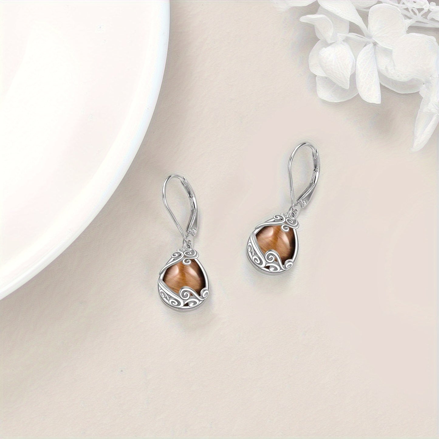 925 Sterling Silver Tiger Eye Stone Filigree Drop Dangle Teardrop Earrings Tiger Eye Stone Leverback Earrings For Women Jewelry Gifts