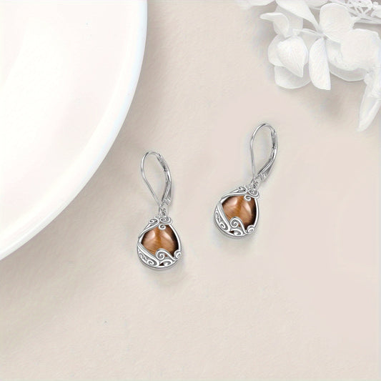 925 Sterling Silver Tiger Eye Stone Filigree Drop Dangle Teardrop Earrings Tiger Eye Stone Leverback Earrings For Women Jewelry Gifts