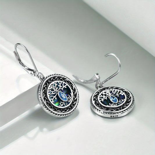 925 Sterling Silvery Tree of Life Women's Earrings Fashion Abalone Shell Jewelry Mom Sister Friend Birthday Gift