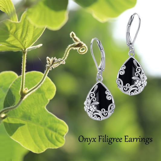 Filigree Earrings Sterling Silvery Black Onyx Dangle Drop Earrings Jewelry Gift for Women
