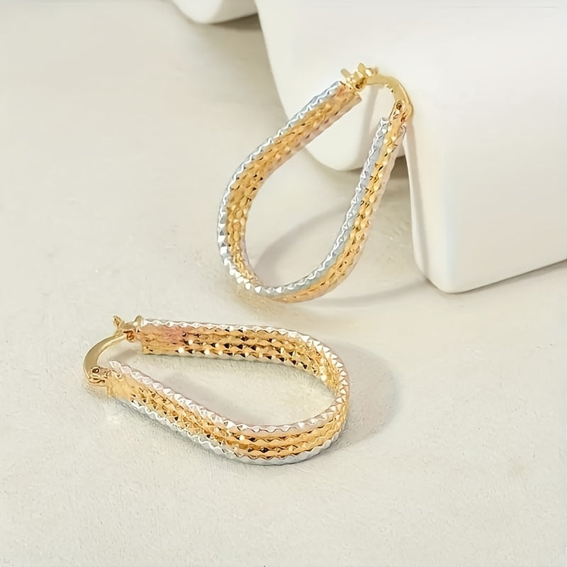 Elegant Golden-Tone Teardrop Hoop Earrings with Sparkling Corrugated Design - Minimalist Copper Jewelry for Women, Ideal Gift, Versatile Earrings|Sparkling Finish|Goldplated Copper, Novelty Earrings