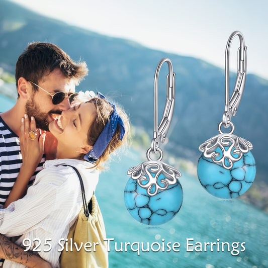 Synthetic Turquoise Filigree Earrings 925 Sterling Silver Dangle Leverback Earrings for Women Birthday Gifts Hypoallergenic