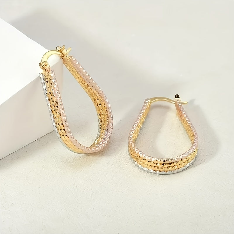 Elegant Golden-Tone Teardrop Hoop Earrings with Sparkling Corrugated Design - Minimalist Copper Jewelry for Women, Ideal Gift, Versatile Earrings|Sparkling Finish|Goldplated Copper, Novelty Earrings