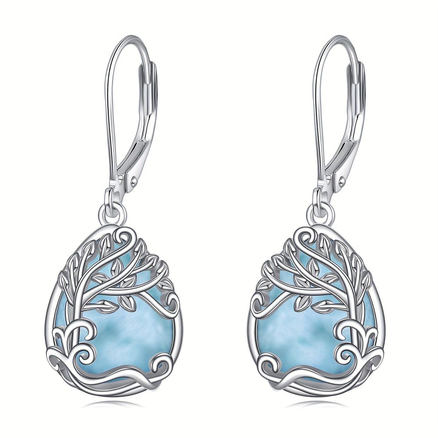 925 Sterling Silver Larimar Jewelry Dangle Earrings Filigree Teardrop Tree Of Life Drop Earrings Jewelry Gifts For Women