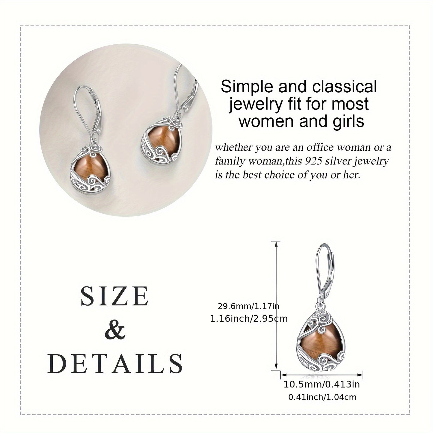 925 Sterling Silver Tiger Eye Stone Filigree Drop Dangle Teardrop Earrings Tiger Eye Stone Leverback Earrings For Women Jewelry Gifts