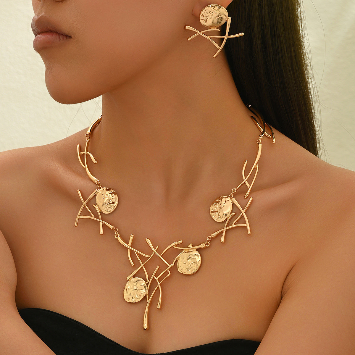 3pcs European and American Exaggerated Personality Necklace + Earring Women'S Jewelry Set Vintage Bohemian Geometric Oval Irregular Zinc Alloy Branch Design Clavicle Chain Daily Party Banquet Light Luxury High-end Gift Multi-Accessory Set