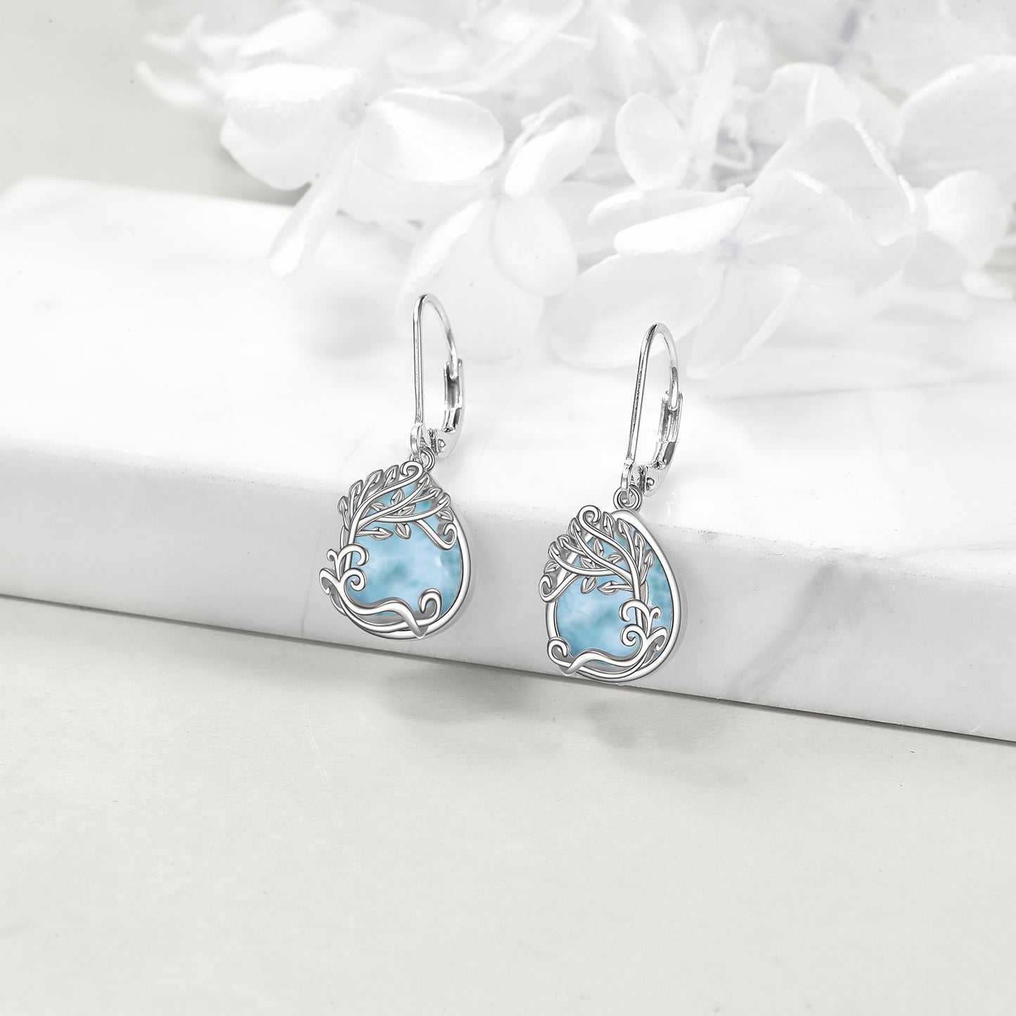 925 Sterling Silver Larimar Jewelry Dangle Earrings Filigree Teardrop Tree Of Life Drop Earrings Jewelry Gifts For Women