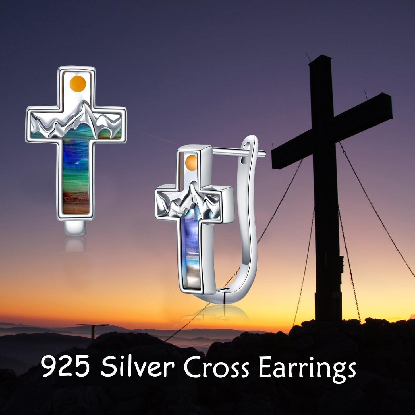925 Sterling Silvery Cross Earrings with Speckled Agate & Shell - Minimalist Design, Synthetic Stone, 925 Silver Post, Ideal for Daily Wear & Gift Giving, Everyday Earrings|Minimalist Earrings|Synthetic Stone Earrings