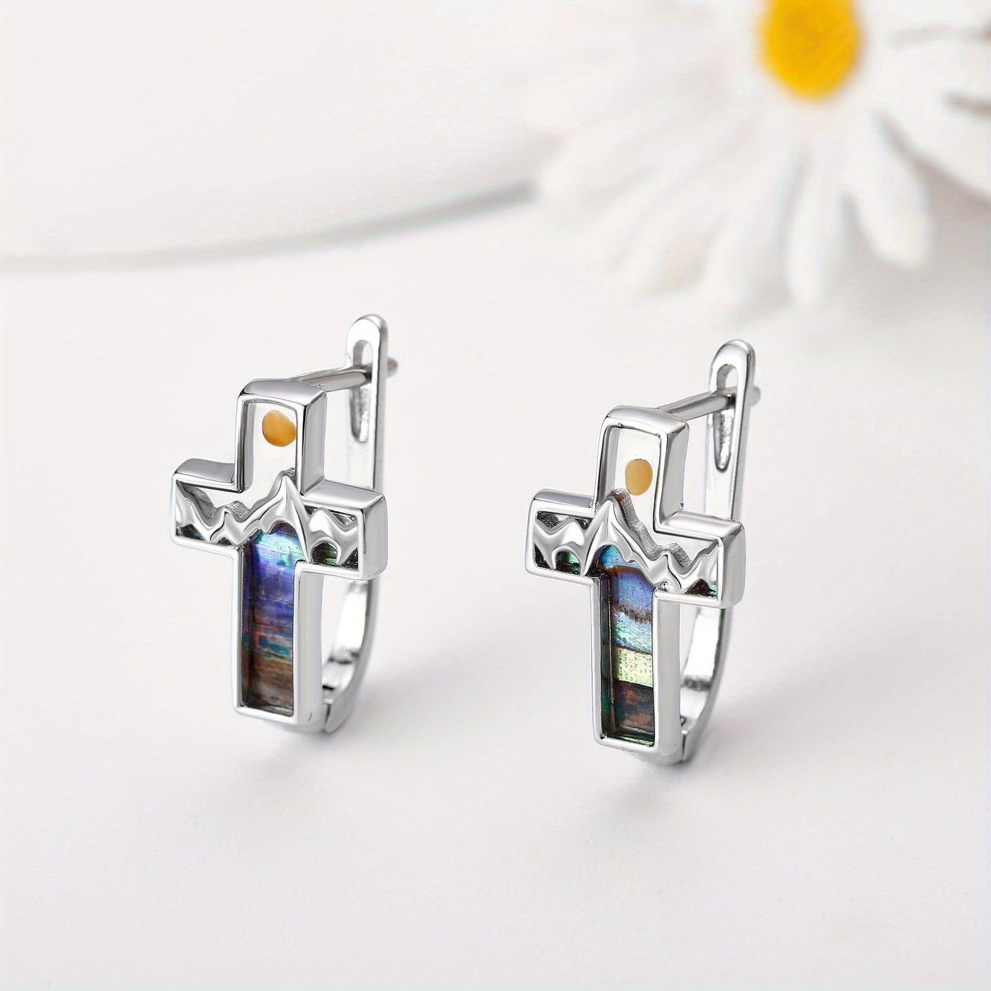 925 Sterling Silvery Cross Earrings with Speckled Agate & Shell - Minimalist Design, Synthetic Stone, 925 Silver Post, Ideal for Daily Wear & Gift Giving, Everyday Earrings|Minimalist Earrings|Synthetic Stone Earrings