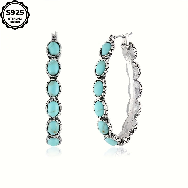 925 Sterling Silvery Vintage Oval Turquoise Teardrop Hollow Earrings Earrings, Weddings, Valentine's Day, Halloween, Anniversaries, Various Holidays, Special Occasions, Boutique Gift Sets