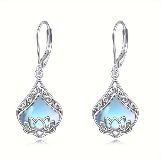 Lotus Earrings 925 Sterling Silver Teardrop Rose Quartz Dangle Earrings For Women Gemstone Jewelry