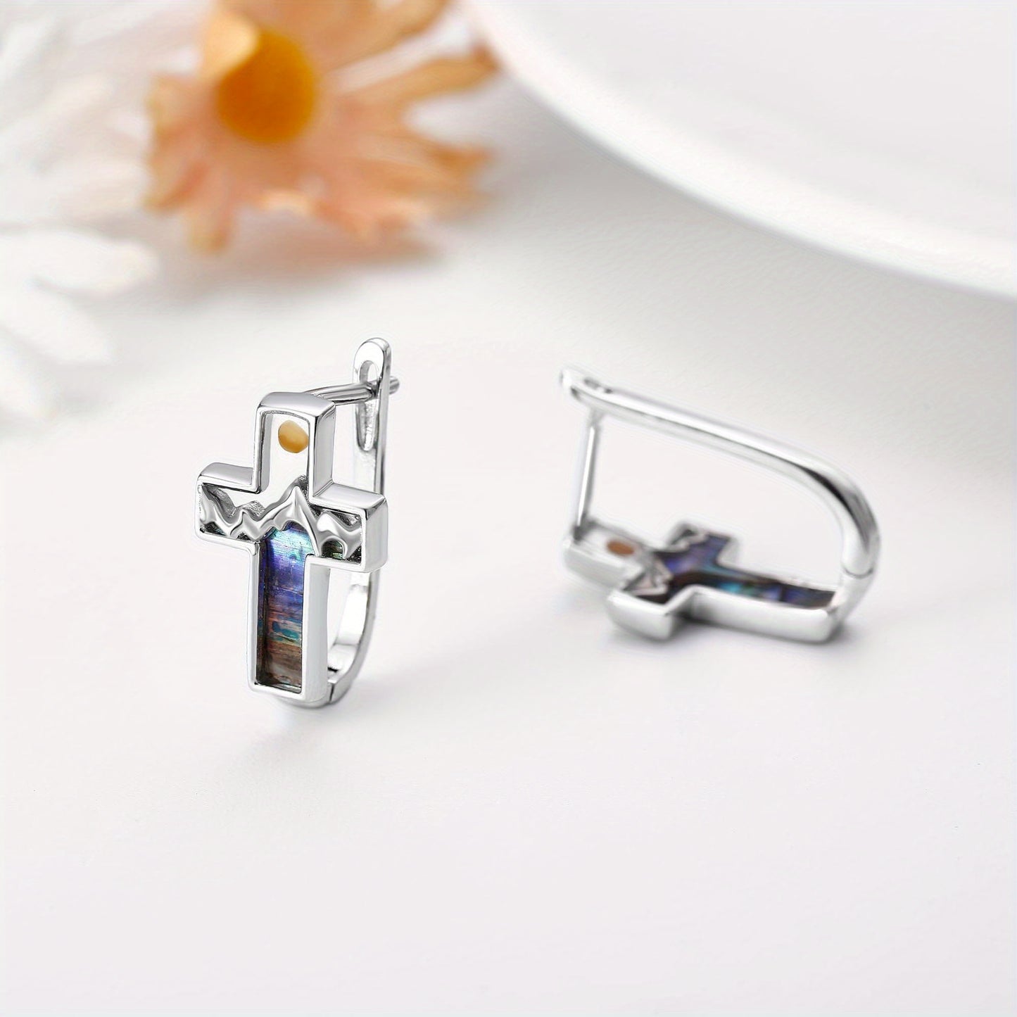925 Sterling Silvery Cross Earrings with Speckled Agate & Shell - Minimalist Design, Synthetic Stone, 925 Silver Post, Ideal for Daily Wear & Gift Giving, Everyday Earrings|Minimalist Earrings|Synthetic Stone Earrings