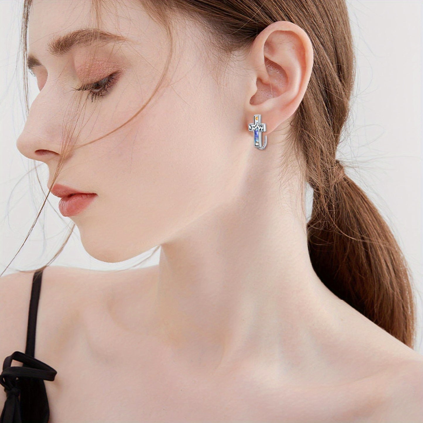 925 Sterling Silvery Cross Earrings with Speckled Agate & Shell - Minimalist Design, Synthetic Stone, 925 Silver Post, Ideal for Daily Wear & Gift Giving, Everyday Earrings|Minimalist Earrings|Synthetic Stone Earrings