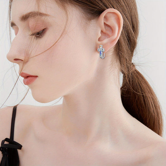 925 Sterling Silvery Cross Earrings with Speckled Agate & Shell - Minimalist Design, Synthetic Stone, 925 Silver Post, Ideal for Daily Wear & Gift Giving, Everyday Earrings|Minimalist Earrings|Synthetic Stone Earrings