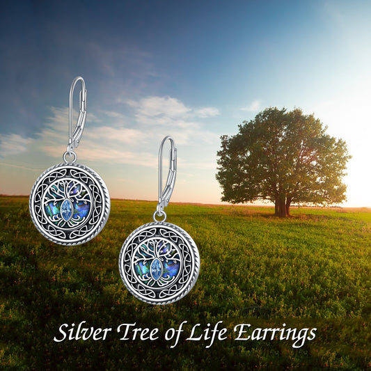 925 Sterling Silvery Tree of Life Women's Earrings Fashion Abalone Shell Jewelry Mom Sister Friend Birthday Gift