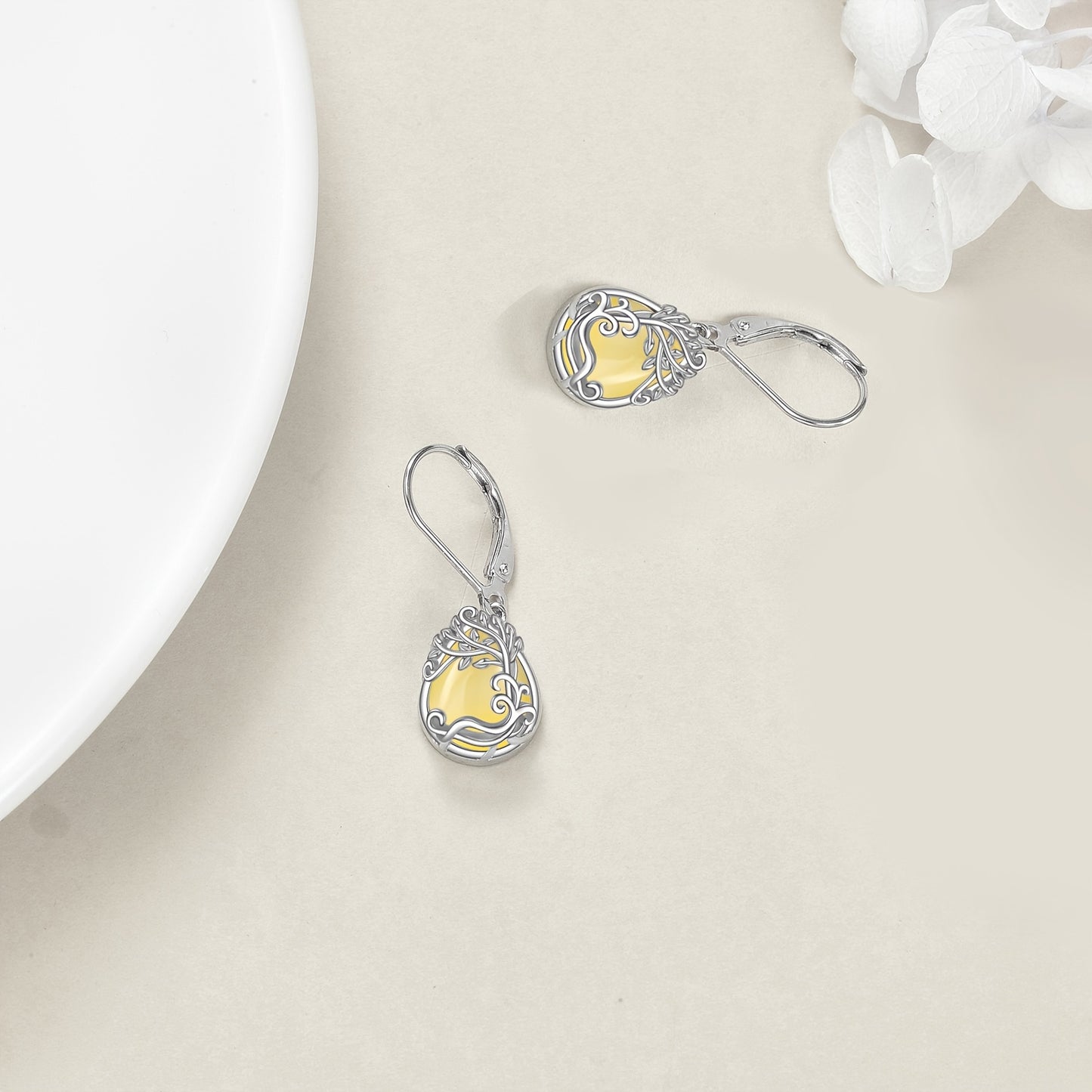 925 Sterling Silver Tree Of Life Yellow Agate Drop Dangle Teardrop Earrings Tree Of Life Leverback Earrings For Women Jewelry Gifts