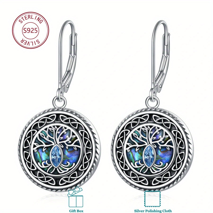 925 Sterling Silvery Tree of Life Women's Earrings Fashion Abalone Shell Jewelry Mom Sister Friend Birthday Gift