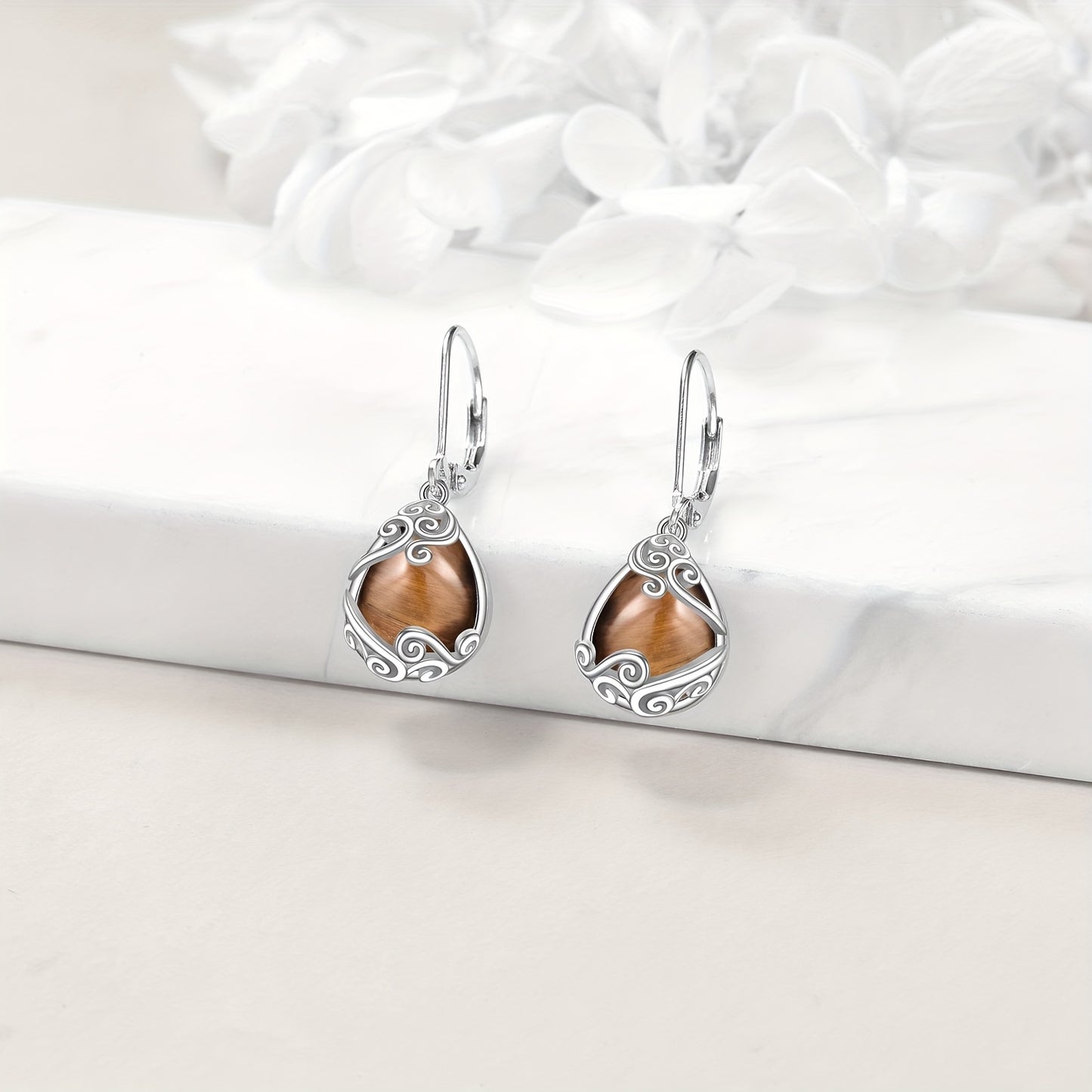 925 Sterling Silver Tiger Eye Stone Filigree Drop Dangle Teardrop Earrings Tiger Eye Stone Leverback Earrings For Women Jewelry Gifts