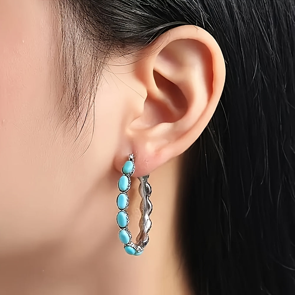 925 Sterling Silvery Vintage Oval Turquoise Teardrop Hollow Earrings Earrings, Weddings, Valentine's Day, Halloween, Anniversaries, Various Holidays, Special Occasions, Boutique Gift Sets