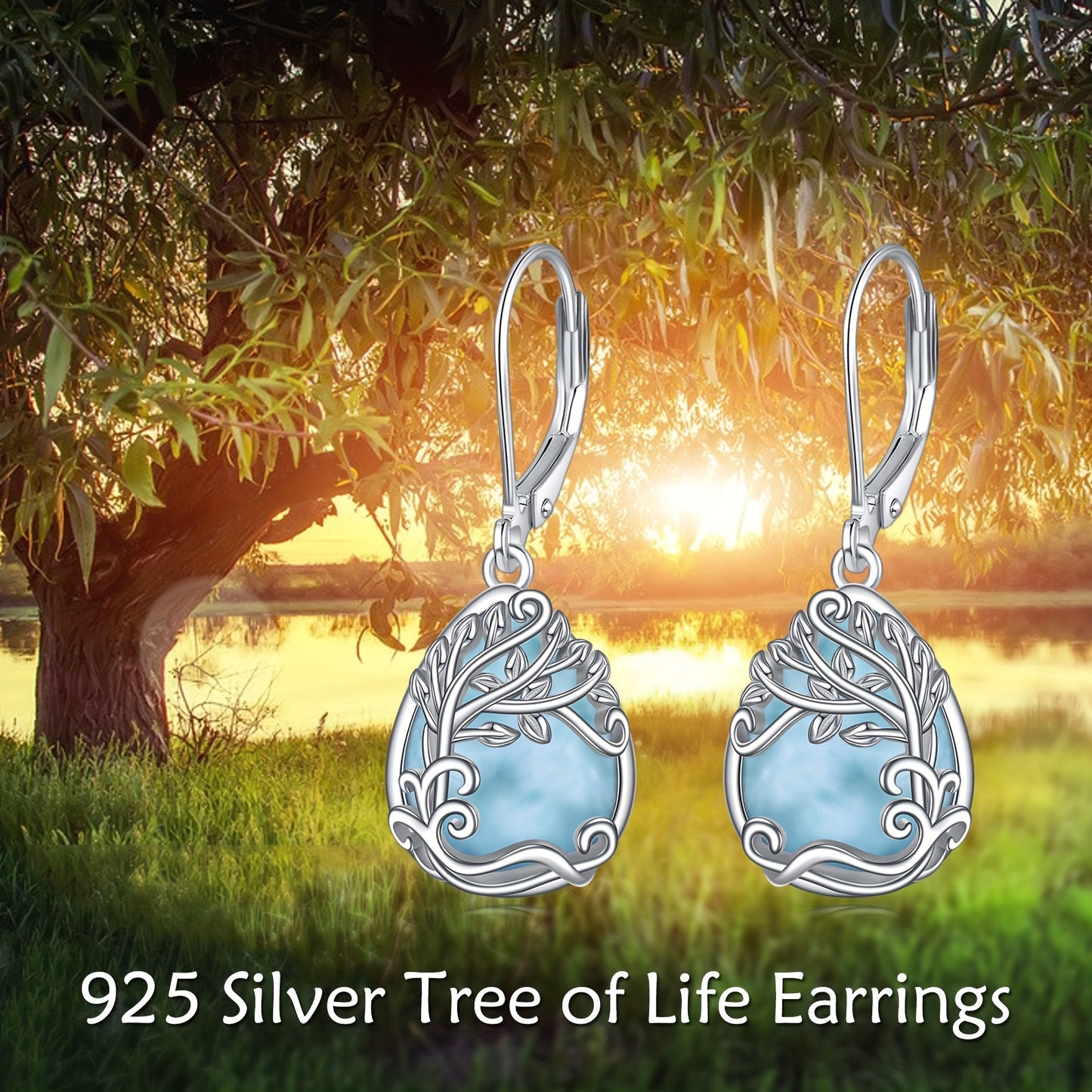 925 Sterling Silver Larimar Jewelry Dangle Earrings Filigree Teardrop Tree Of Life Drop Earrings Jewelry Gifts For Women
