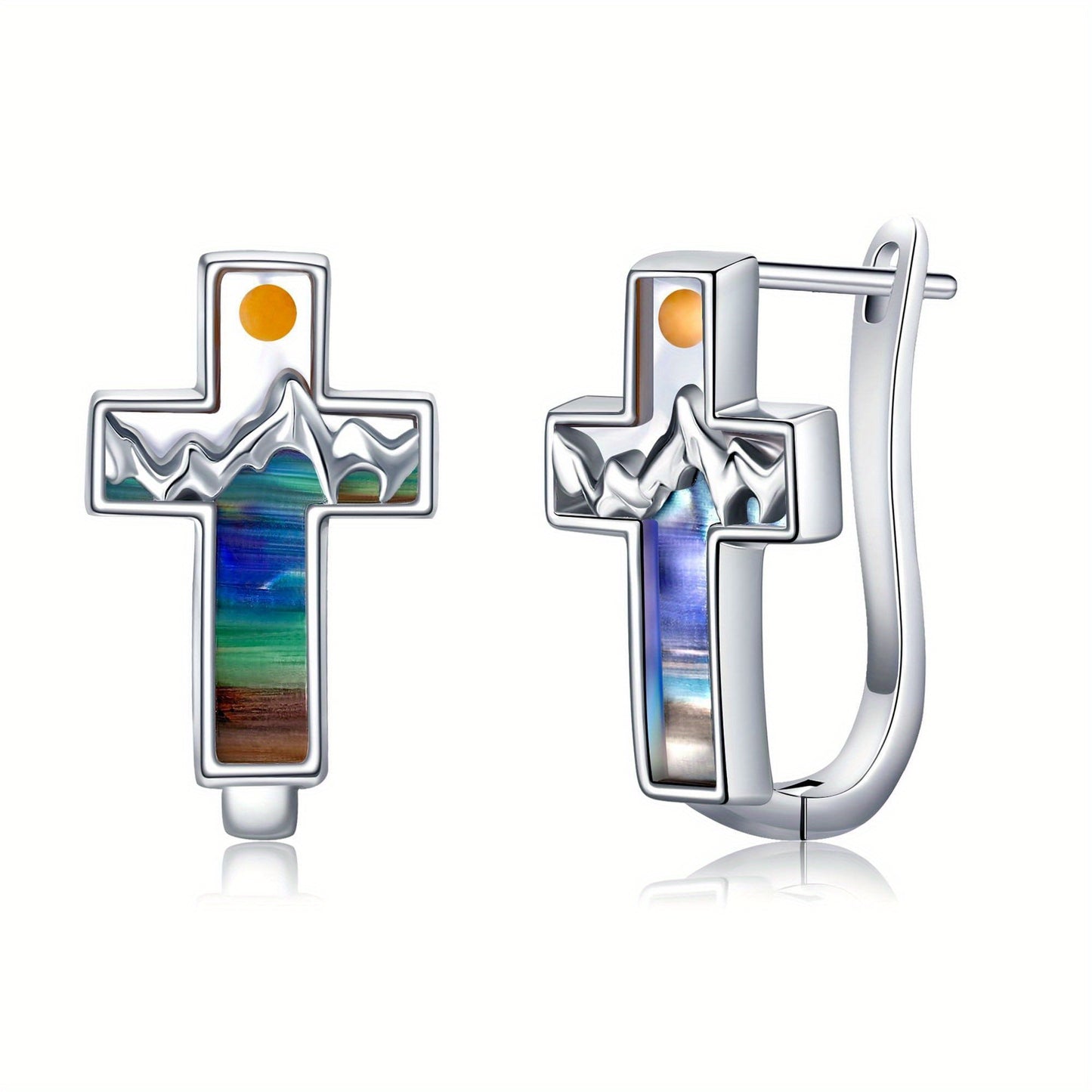 925 Sterling Silvery Cross Earrings with Speckled Agate & Shell - Minimalist Design, Synthetic Stone, 925 Silver Post, Ideal for Daily Wear & Gift Giving, Everyday Earrings|Minimalist Earrings|Synthetic Stone Earrings