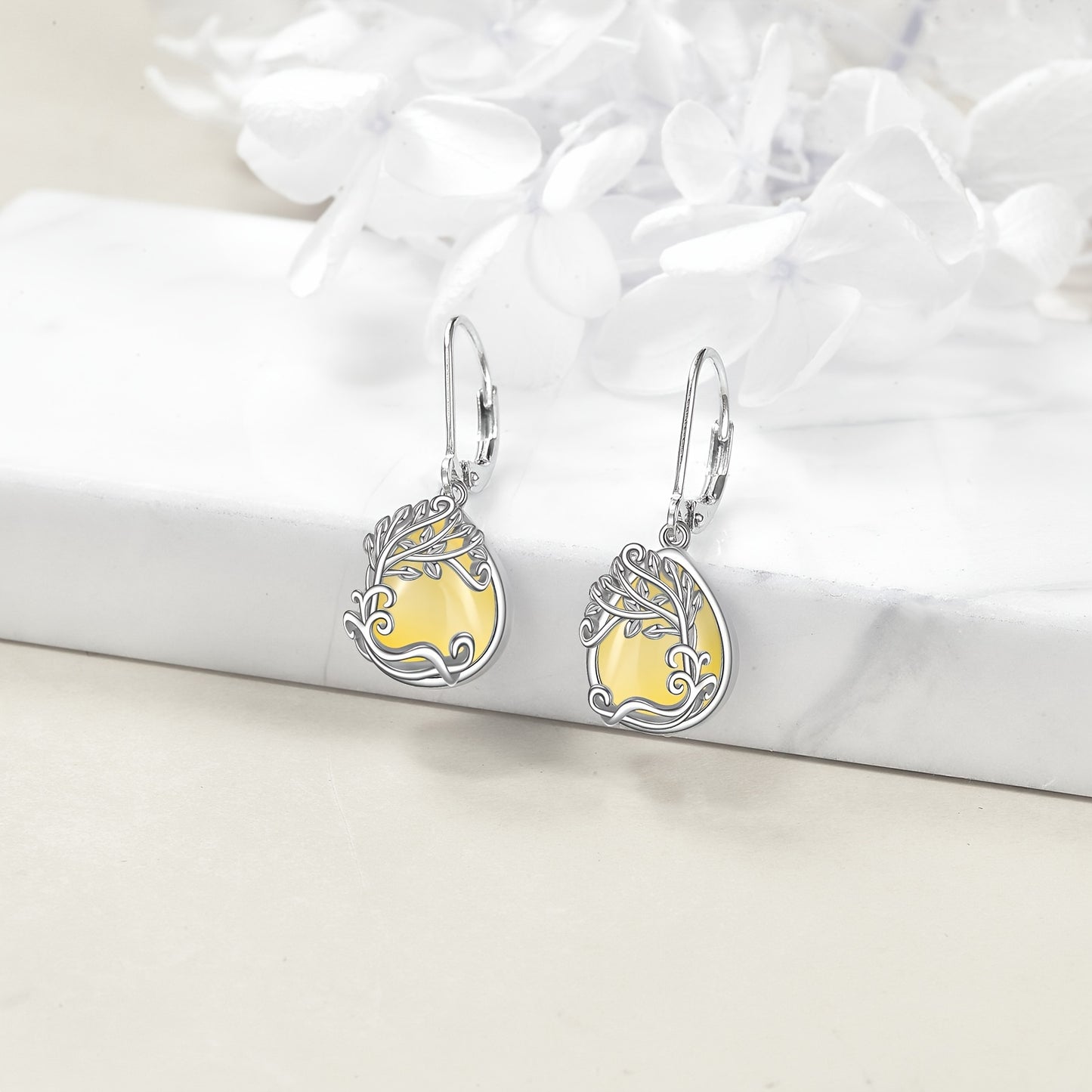 925 Sterling Silver Tree Of Life Yellow Agate Drop Dangle Teardrop Earrings Tree Of Life Leverback Earrings For Women Jewelry Gifts