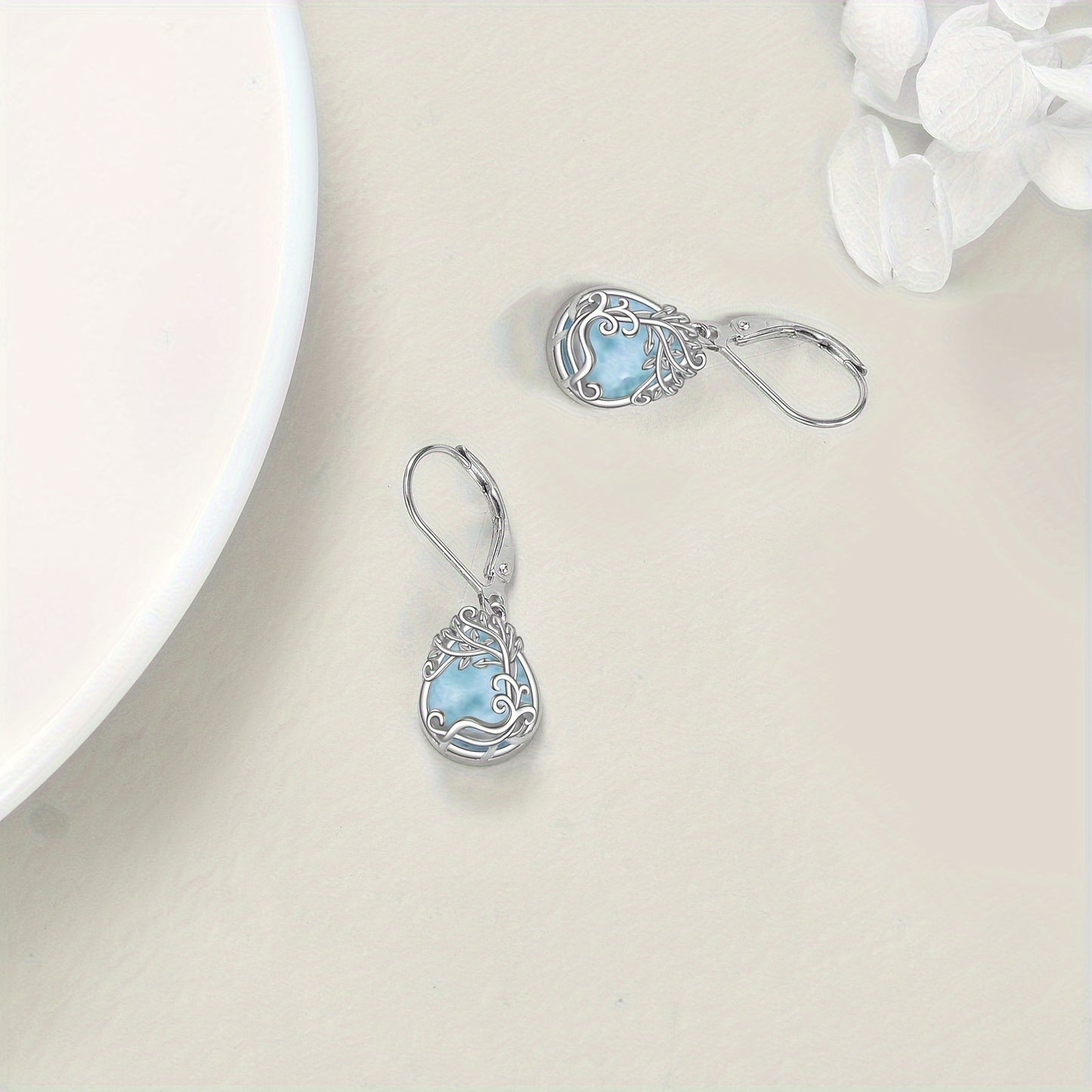 925 Sterling Silver Larimar Jewelry Dangle Earrings Filigree Teardrop Tree Of Life Drop Earrings Jewelry Gifts For Women