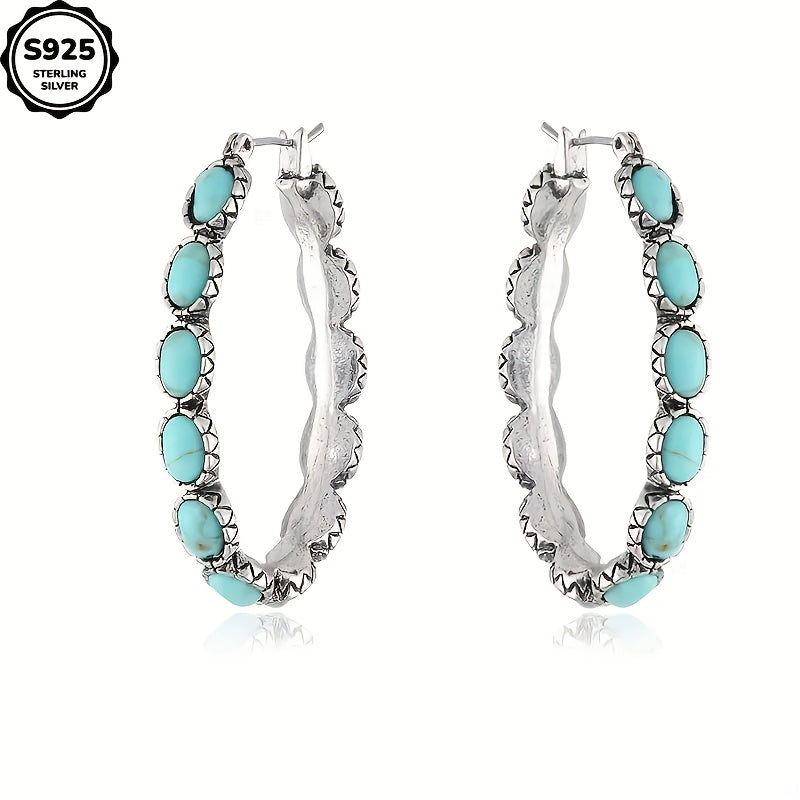 925 Sterling Silvery Vintage Oval Turquoise Teardrop Hollow Earrings Earrings, Weddings, Valentine's Day, Halloween, Anniversaries, Various Holidays, Special Occasions, Boutique Gift Sets