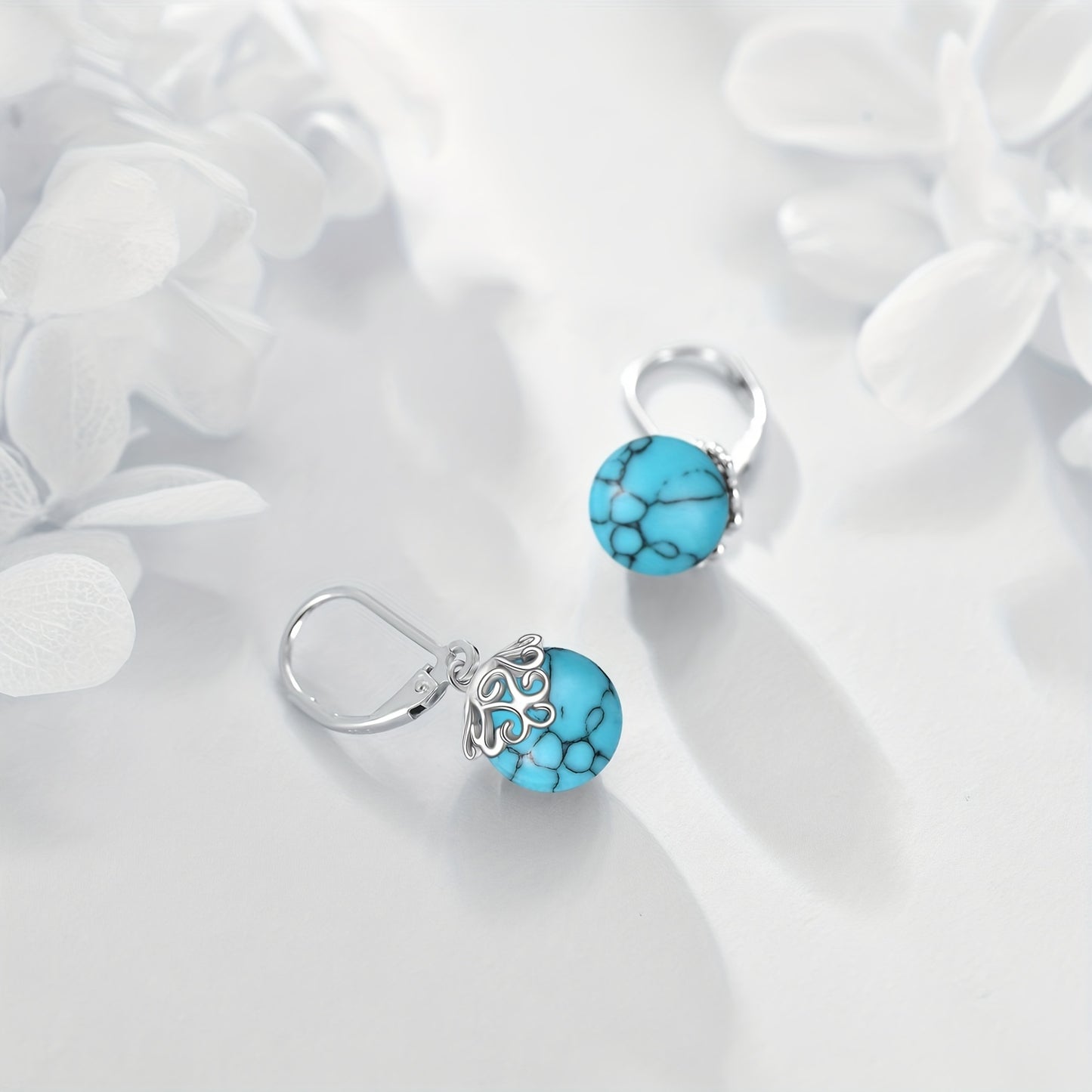 Synthetic Turquoise Filigree Earrings 925 Sterling Silver Dangle Leverback Earrings for Women Birthday Gifts Hypoallergenic