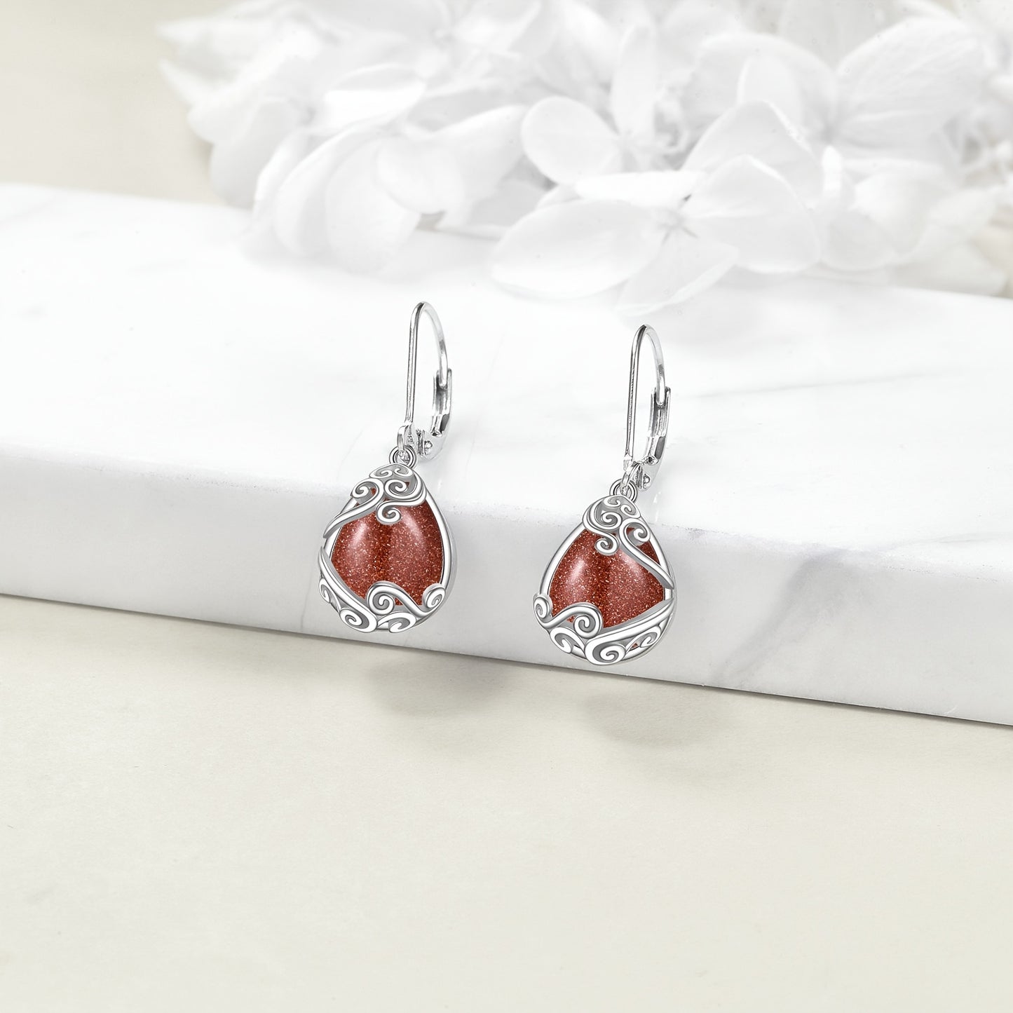 925 Sterling Silver Gold Sand Stone Filigree Drop Dangle Teardrop Earrings Leverback Earrings For Women Jewelry Gifts