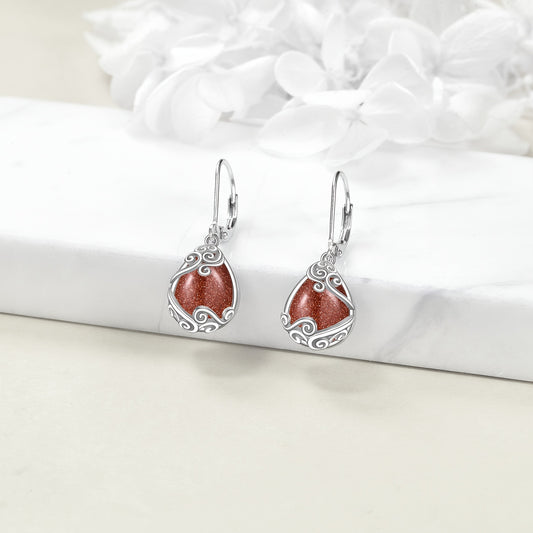 925 Sterling Silver Gold Sand Stone Filigree Drop Dangle Teardrop Earrings Leverback Earrings For Women Jewelry Gifts
