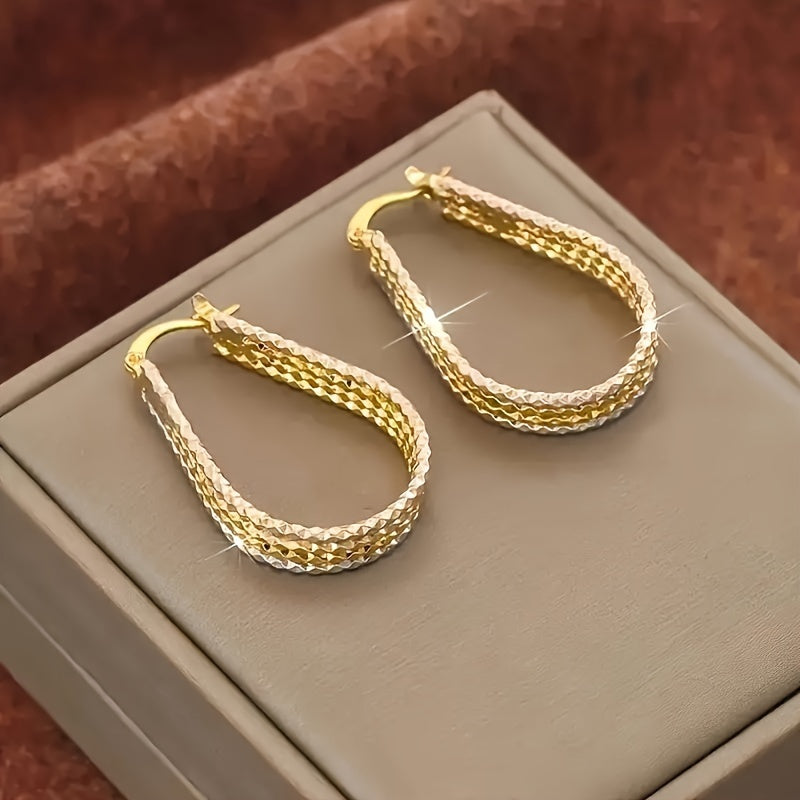 Elegant Golden-Tone Teardrop Hoop Earrings with Sparkling Corrugated Design - Minimalist Copper Jewelry for Women, Ideal Gift, Versatile Earrings|Sparkling Finish|Goldplated Copper, Novelty Earrings
