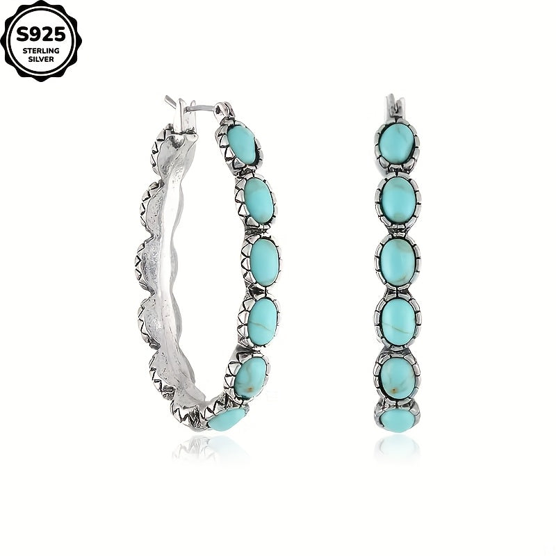 925 Sterling Silvery Vintage Oval Turquoise Teardrop Hollow Earrings Earrings, Weddings, Valentine's Day, Halloween, Anniversaries, Various Holidays, Special Occasions, Boutique Gift Sets