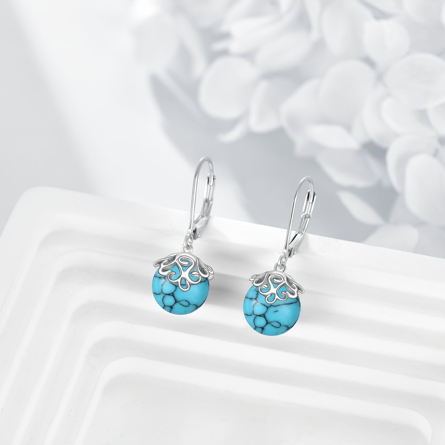 Synthetic Turquoise Filigree Earrings 925 Sterling Silver Dangle Leverback Earrings for Women Birthday Gifts Hypoallergenic
