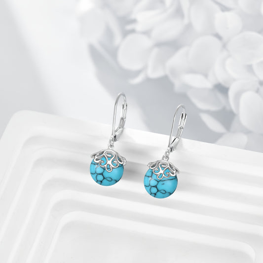 Synthetic Turquoise Filigree Earrings 925 Sterling Silver Dangle Leverback Earrings for Women Birthday Gifts Hypoallergenic
