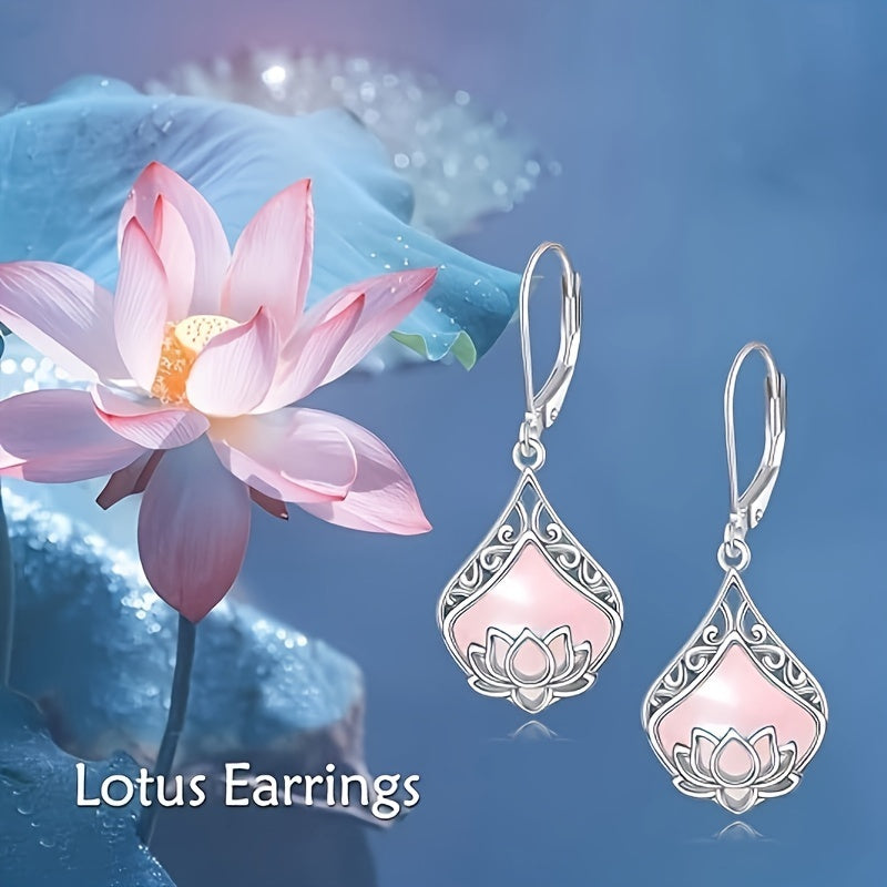 Lotus Earrings 925 Sterling Silver Teardrop Rose Quartz Dangle Earrings For Women Gemstone Jewelry