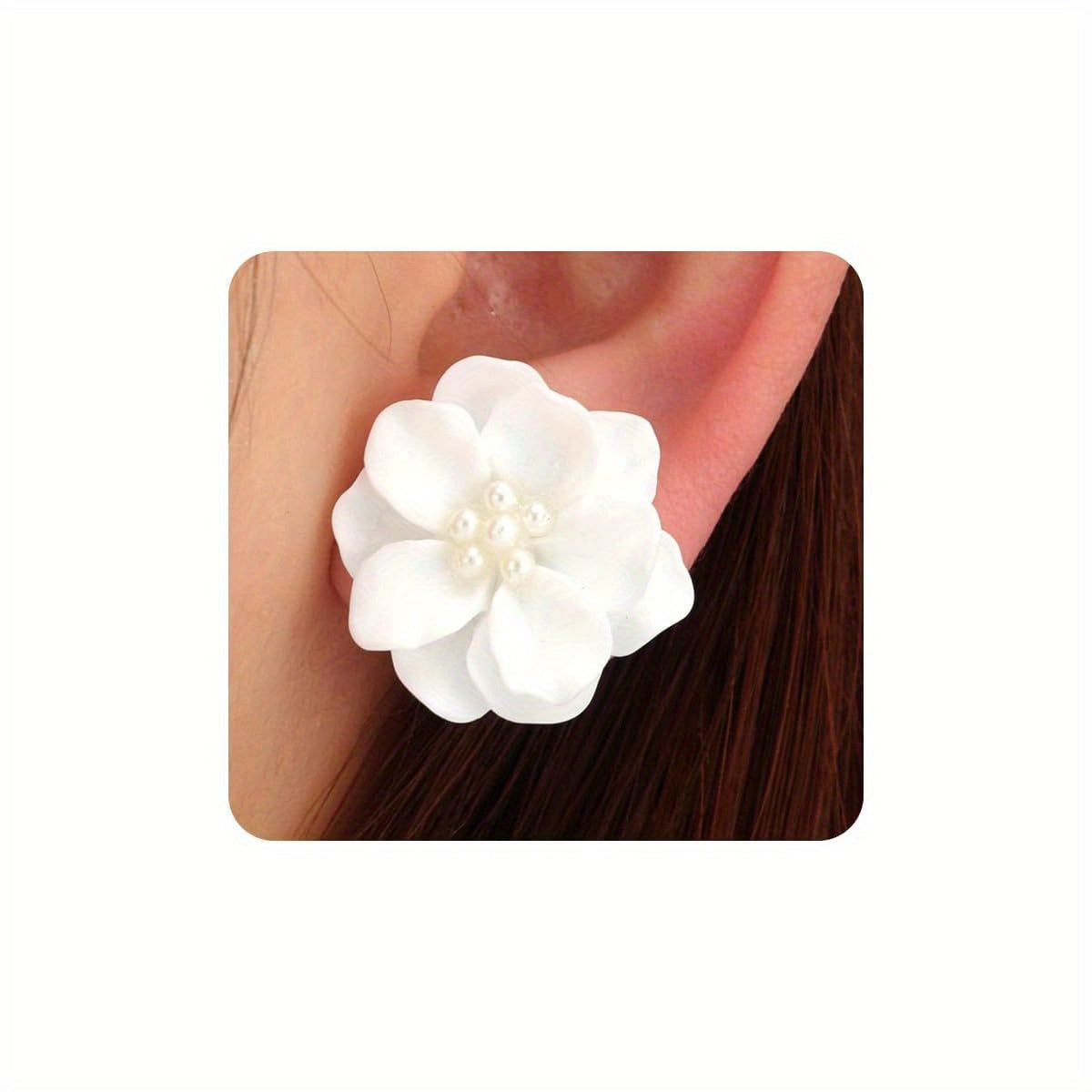 Boho Acrylic Pearl Flower Stud Earrings for Women, White Exaggeration Camellia Drop Earrings, Sweet Resin Flower Dangle Earrings Jewelry Gift
