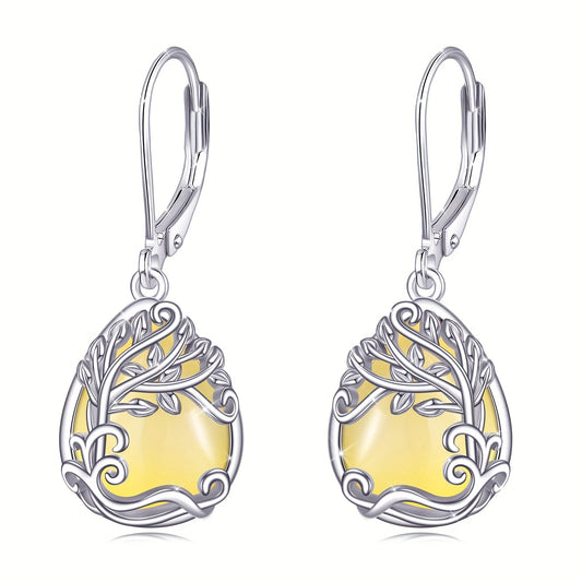 925 Sterling Silver Tree Of Life Yellow Agate Drop Dangle Teardrop Earrings Tree Of Life Leverback Earrings For Women Jewelry Gifts