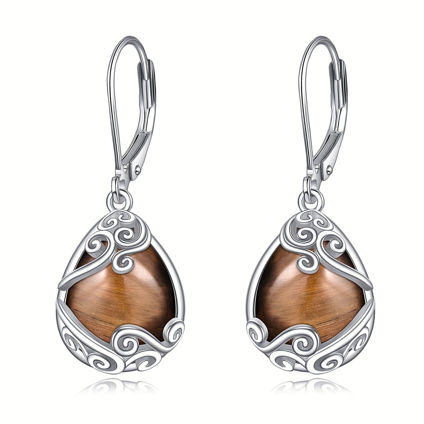 925 Sterling Silver Tiger Eye Stone Filigree Drop Dangle Teardrop Earrings Tiger Eye Stone Leverback Earrings For Women Jewelry Gifts