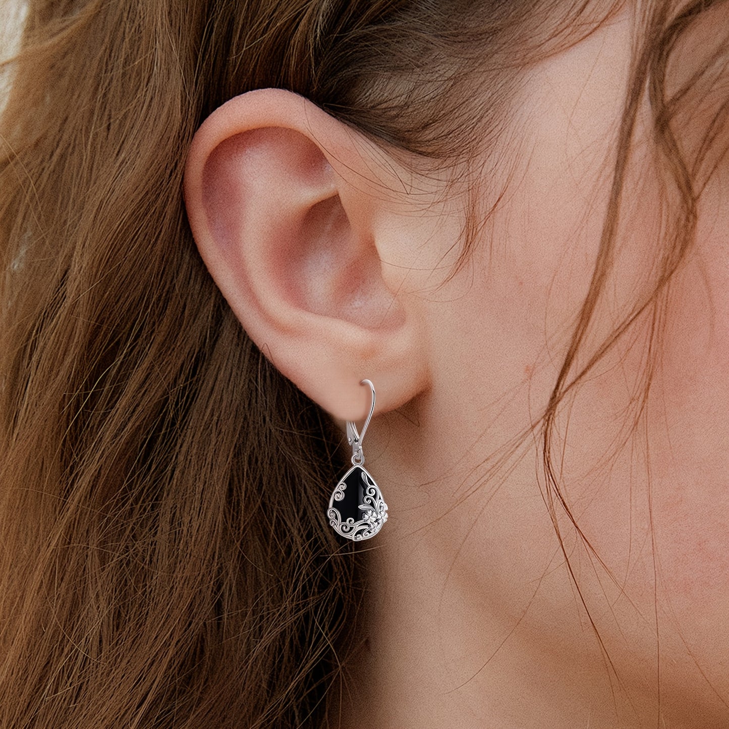 Filigree Earrings Sterling Silvery Black Onyx Dangle Drop Earrings Jewelry Gift for Women