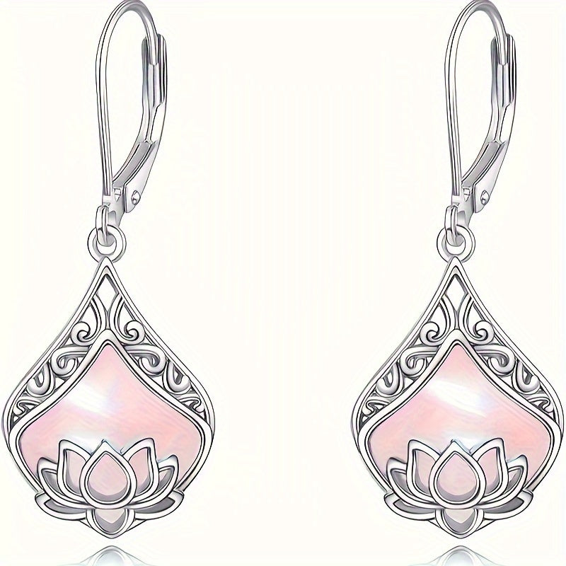 Lotus Earrings 925 Sterling Silver Teardrop Rose Quartz Dangle Earrings For Women Gemstone Jewelry